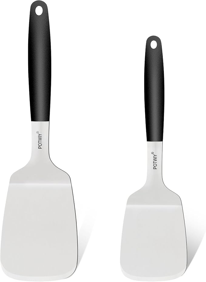 2-Piece Stainless Steel Spatulas Set, 13.3" & 11.3" Metal Spatula for Cooking Cast Iron Skillet and Flat Top Grill, Heavy Duty Turner with Silicone Handle for Flipping Steak, Burgers, Pancake