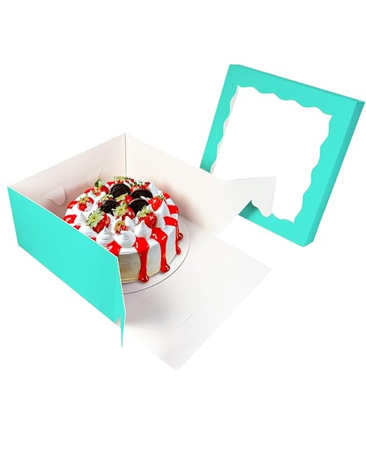 qiqee 12x12x6 Cake Box, 18 Sets Mint Blue Cake Box with Window & 18 Sets 12" Mint Blue Cake Round Boards, 12inch Cake Containers