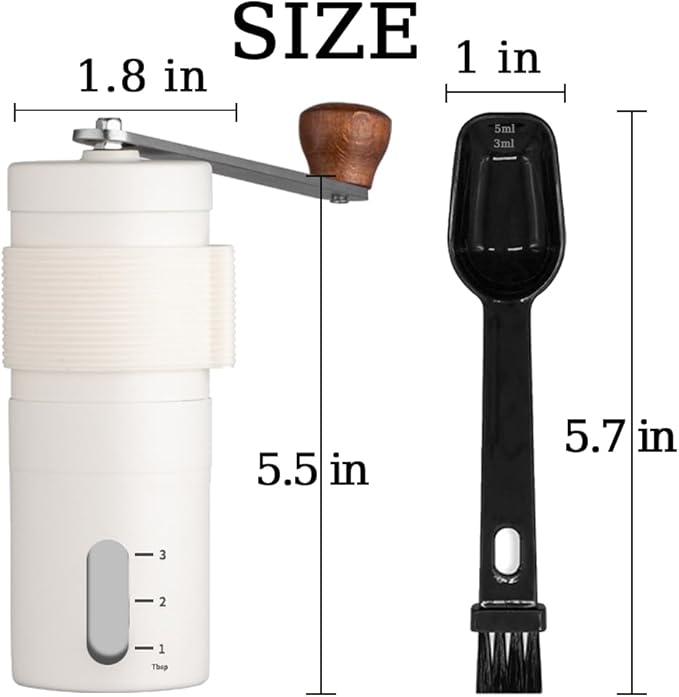 Mini Manual Coffee Bean Grinder for Travel Camping, Hand Held Espresso Burr Ceramic Coarseness White 304 Stainless Steel Small Mill Kit for Home Use with Portable Storage Pouch Brush Spoon