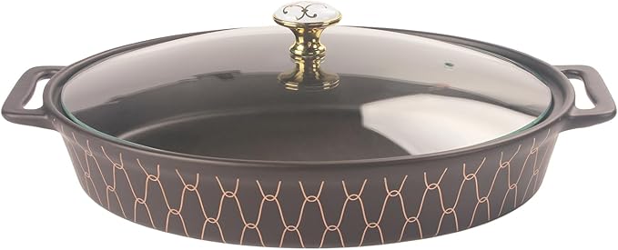 11" X 7.5" Ceramic Oval Casserole Dish with Glass Lid, 1.3 Quart Serving Soup Tureen,Chafing Dish for Buffet, Family Food preserve Tray, Catering Casserole for Party Style, Black