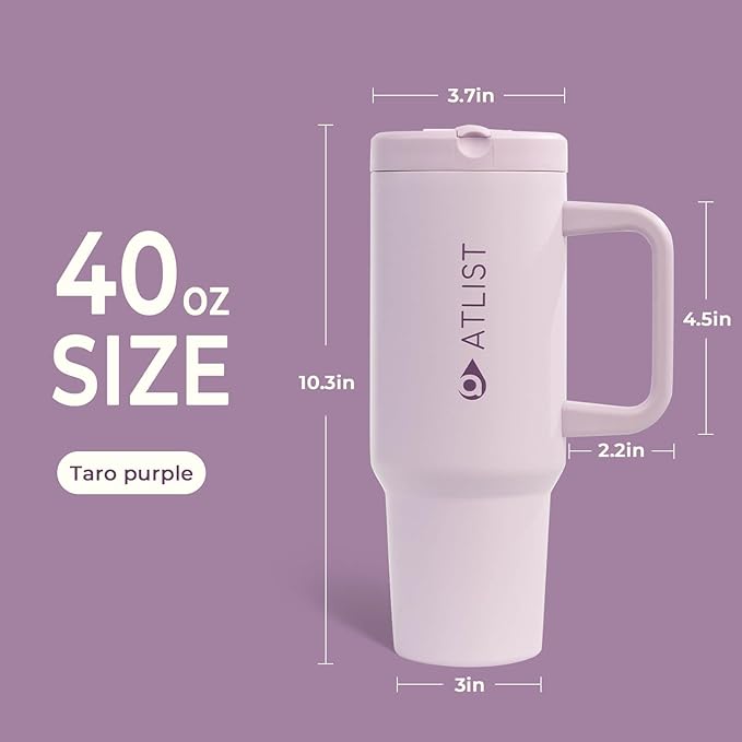 100% Leakproof 40 oz Tumbler with Handle & 4-in-1 SipSwig Lid, Built-In Flip Straw & External Stainless Steel Straw, Insulated Stainless Steel Cup, BPA-Free, Purple