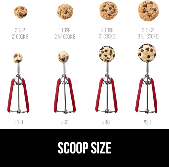 GORILLA GRIP Stainless Steel Cookie Scoop for Baking, 1 TBSP, Multipurpose Melon Baller, Meatball Spring Scoops, Perfect Portion Sizes, Easy Food Release, Scooper Size 60, BPA-Free Kitchen Tool, Red