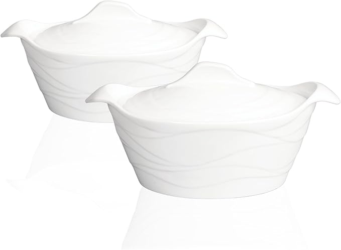 8" x 6" Ceramic Casserole Dish with Lids 31 Oz White French Soup Tureen Bakeware Set with Handle - 10 IN, Chip and Crack Resistant Baking Dish, Microwave, Dishwasher, Oven, Fridge Safe