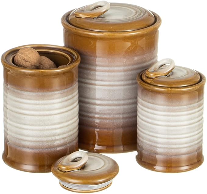 Nihow Ceramic Food Storage Jar Sets: Container with Air Tight Ceramic Lid for Flour/Sugar/Rice/Coffee/Cookies/Candy - Seal Damp-proof Canister for The Kitchen - Set of 3 (Brown)