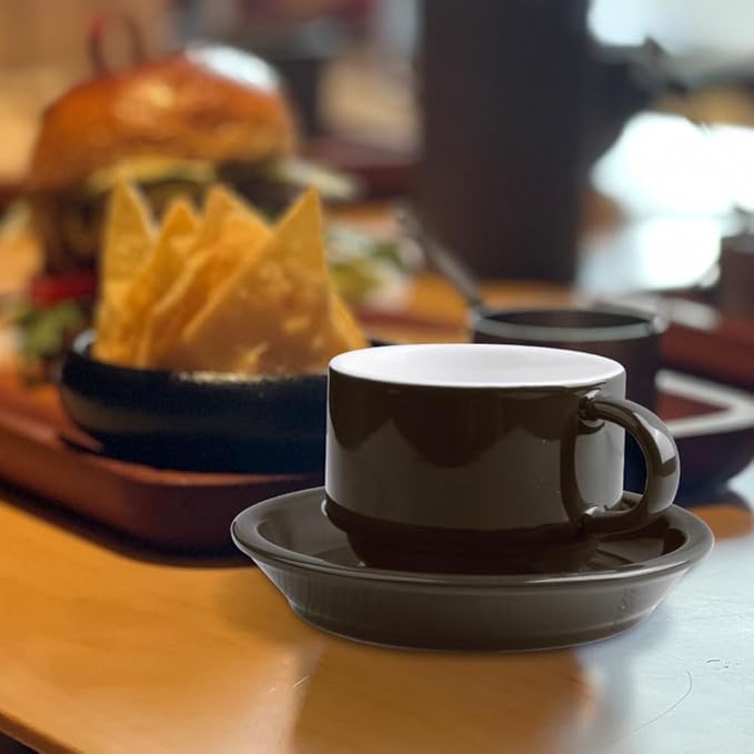 homEdge Premium Espresso Shot Cups and Saucers Set with Espresso Stainless Steel Spoons - 2.5 oz, Set of 4, Black