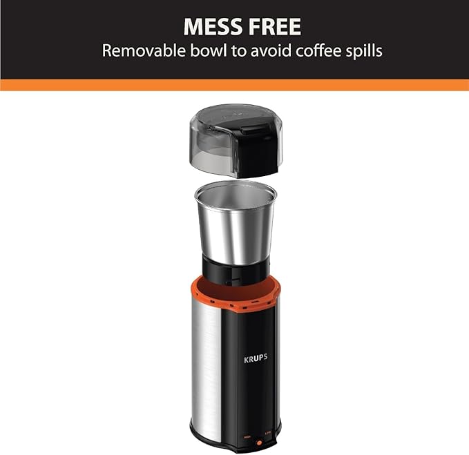 KRUPS: 3oz Coffee Grinder, Ultimate Silent Vortex Plastic and Stainless Steel Grinder with Removable Bowl Mess-Free, 8 Times Quieter, 2 Speeds 240 Watts,Dry Herbs,Dishwasher Safe,12 cups ground Silver