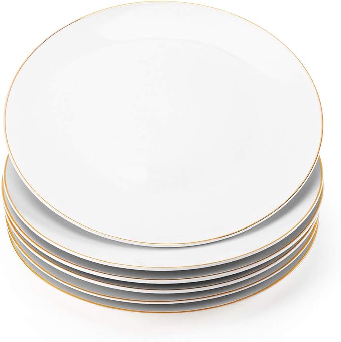10.5” Porcelain Coupe Dinner Plates with Golden Rim, Stackable Off-White Ceramic and Round, Perfect for Salad, Dessert, Steak, Pasta (Set of 6)