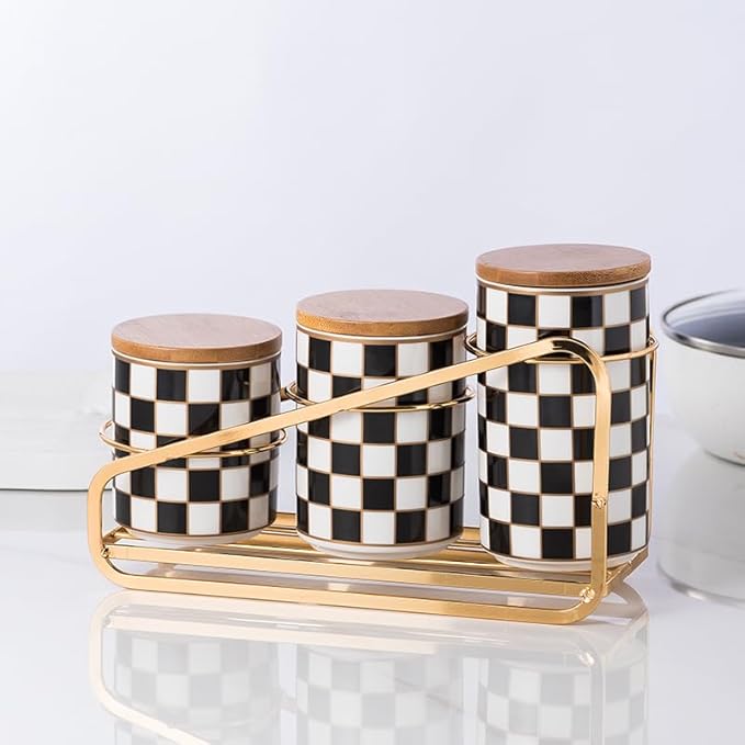 Kitchen Countertop Ceramic Checkered Canisters Set, 3Pcs Grid Pattern Kitchen Jars with Layered Shelves, Sealed Countertop Flour and Sugar Containers, Coffee and Tea Storage