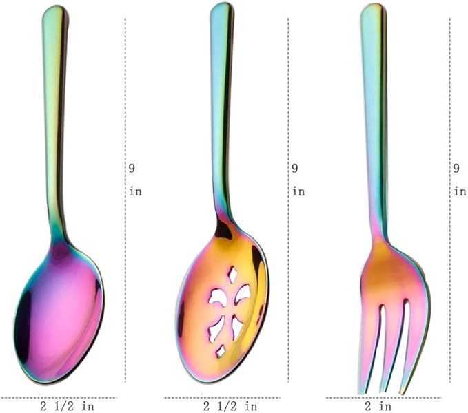 Rainbow Serving Spoons*2 Slot Spoons* 2 Forks *2 Buffet Colander Stainless Steel Banquet Set, Set of 6. Lenght 9" (6-rainbow spoon forks set)