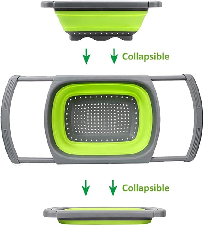 CdyBox New Version 11Pack Silicone Kitchen Strainer Collapsible Colander with Foldable Silicone Measuring Spoon Measuring Cup Kitchen Good Tools (Green) 9.6 * 1.1