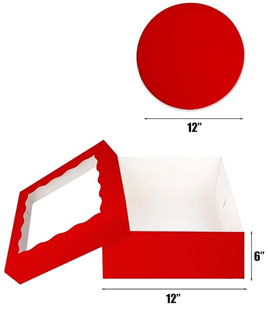 qiqee 12x12x6 Cake Box, 18 Sets Red Cake Box with Window & 18 Sets 12" Red Cake Round Boards, 12inch Cake Containers