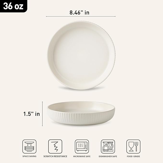 famiware Starlight Large pasta bowls set of 4, Serving Bowls for Pasta, Salad, Dinner, Oatmeal. Microwave Safe-36 oz, 8.46inch, Matte white