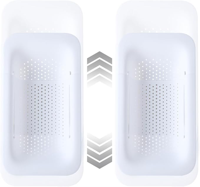 Collapsible Sink Colanders and Strainers Basket Over the Sink Colander Collapsible Colander Extendable Plastic Fruit Vegetable Strainer Drainer Basket for Kitchen(Length 14.3-19.4inch)(White Set of 2)