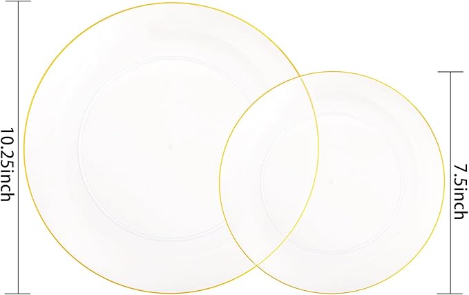 PULOTE 100PCS Clear and Gold Plastic Plates - Heavy Duty Clear Disposable Plastic Plates With Gold Trim for Wedding&Party Include 50 Dinner Plates, 50 Dessert Plates