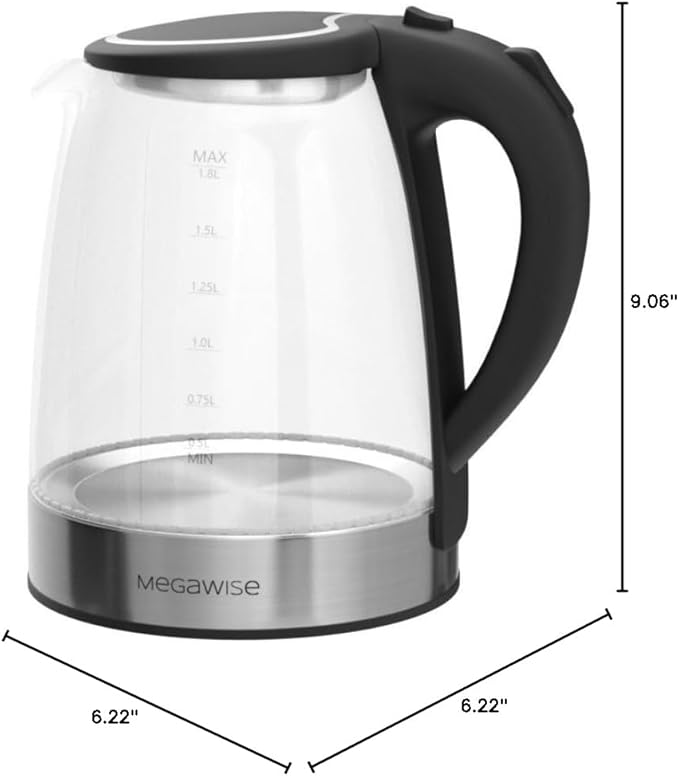MegaWise Electric Kettle, 1.8L Borosilicate Glass Tea Kettle with LED Light, Auto Shut-Off and Boil-Dry Protection Cordless Kettle Fast Boiling