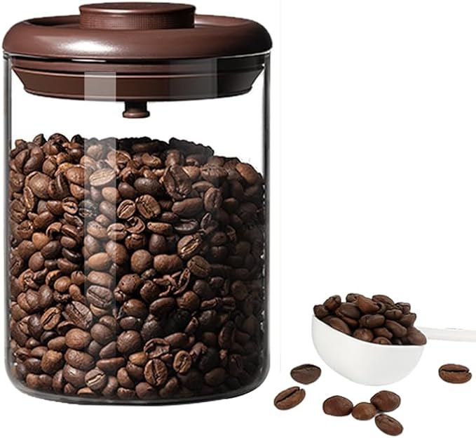 Coffee Container - Kitchen Food Storage Container with One-Way CO2 Valve, Press-on Lid Glass Coffee Canister with Scoop UV Protection for Grounds, Beans, 11 oz Brown
