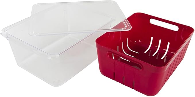 Kitchen Spaces KSCB12-AMZ Colander Bin Stackable Food Storage Organizer for Fridge, Freezer, and Pantry, 8.8" x 6.8" x 3.9", Red & Clear