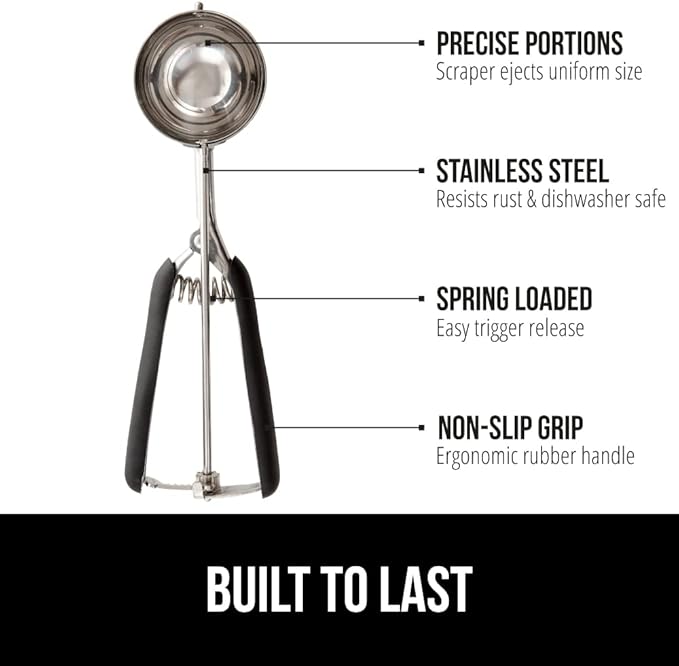 GORILLA GRIP Stainless Steel Cookie Scoop for Baking, 2 TBSP, Multipurpose Melon Baller, Meatball Spring Scoops, Perfect Portion Sizes, Easy Food Release, Scooper Size 40, BPA-Free Kitchen Tool, Black