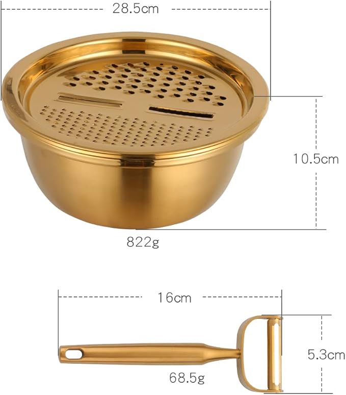 TEHAHA Colander Set With Peeler,3 in 1 Strainer for Kitchen: Stainless Steel Vegetable Slicer,Large Capacity Drain Basket With Mixing Bowl For Washing Vegetables, Fruit, Rice,Dishwasher Safe,Gold.
