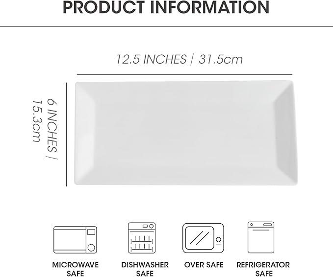 12" Serving Platters Set of 4, White Rectangular Plates, Ceramic Serving Tray, Stackable Large Party Plates for Appetizer, Dessert, Steak, Sushi, Housewarming, Oven Dishwasher Safe