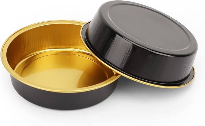 Beasea Aluminum Cupcake Pans With Lids, 4 Inch 100 Pack Disposable Pie Pans For Cake, 8 Oz Aluminum Pie Pan Tin Black Golden Tart Pans Round Oven Baking Mini Cake Pan For Pie Tart Quiche