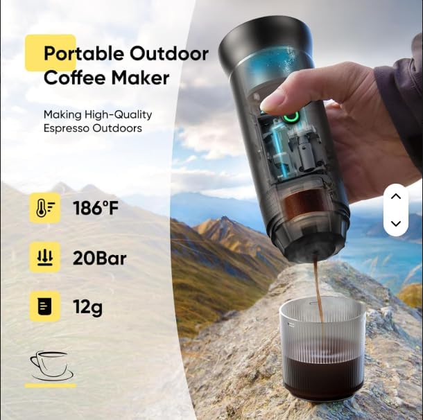 Portable Espresso Maker – Self-Heating USB-C Rechargeable Travel Coffee Maker for Car, Camping, Office, portable coffee maker - portable coffee machine With Ground Coffee & NS Capsule (Green)
