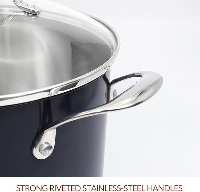 HOMI CHEF Navy Gray NICKEL FREE Stainless Steel 7 Quart Stock Pot with Glass Lid (Non Coating, 9.5 Inch) - No Toxic 7 qt Stockpot With Lid