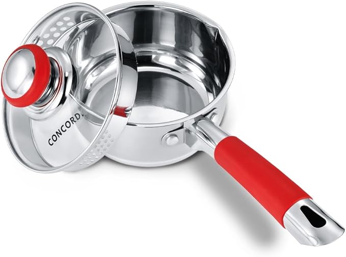 Concord 1 Quart Stainless Steel Saucepan with SIMPLE POUR Vented Glass Lid. Features Dual Pouring Spouts and Volume Marking. Perfect for making Sauces, Jam, Ramen, and more