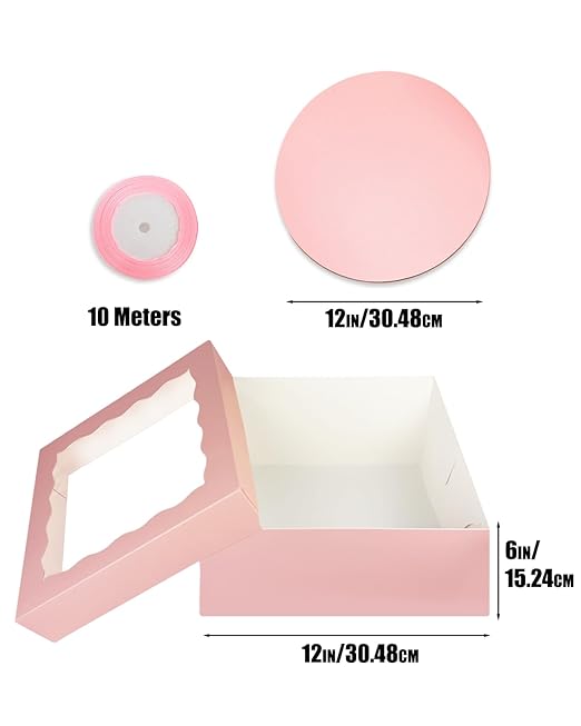 qiqee 12x12x6 Cake Box, 18 Sets Pink Cake Box with Window & 18 Sets 8" Cake Round Boards, 8inch Cake Containers, 10 Meters Silk Ribbon