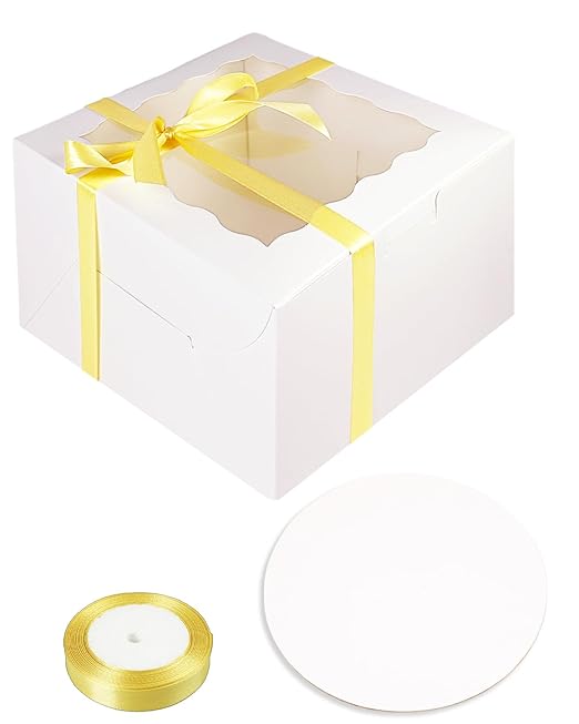 qiqee 8x8x5 Cake Box, 18 Sets White Cake Box with Window & 18 Sets 8" White Cake Round Boards, 8inch Cake Containers, 10 Meters Gold Silk Ribbon