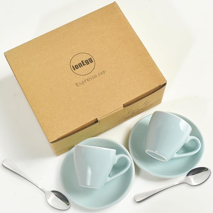 Porcelain Espresso Cup with Saucer And Stainless Steel mini Spoons, Espresso shot Cup, 80ml/2.7Oz, Pack of 2, Blue