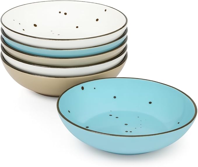 Esfour 8 Inch Porcelain Pasta Bowl, 16 Ounce Salad Bowls, Microwave & Dishwasher Safe, Sturdy & Stackable, Set of 6 Ceramic Bowl Plate Set, Wide Shallow Salad Bowls, Natural Assorted Colors