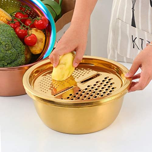 TEHAHA Colander Set With Peeler,3 in 1 Strainer for Kitchen: Stainless Steel Vegetable Slicer,Large Capacity Drain Basket With Mixing Bowl For Washing Vegetables, Fruit, Rice,Dishwasher Safe,Gold.