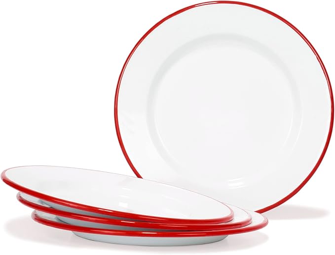 Red Co. Set of 4 Enamelware Metal Classic 10" Round Dinner Plate, Solid White/Red Rim
