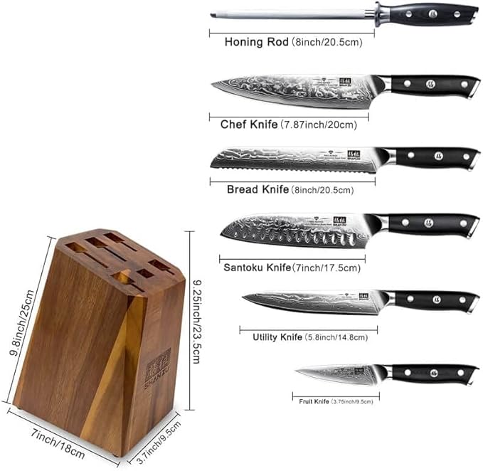 SHAN ZU Damascus Kitchen Knife Set, 7-Piece Professional Knife Sets for Chefs, Japanese Super Steel Damascus Kitchen Knife Set With G10 Handle Knife Block Set