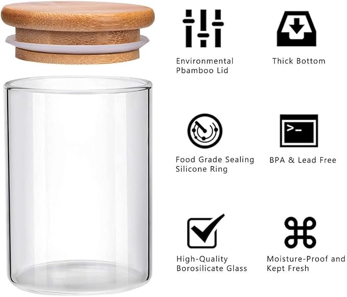 Glass Jars with Bamboo Wooden Airtight Lids 6oz 10oz Spice Jars Food Storage Containers for Home Kitchen, Tea, Salt, Pepper, Spices, Coffee, Herbs, Grains (10 OZ, 6 PCS)