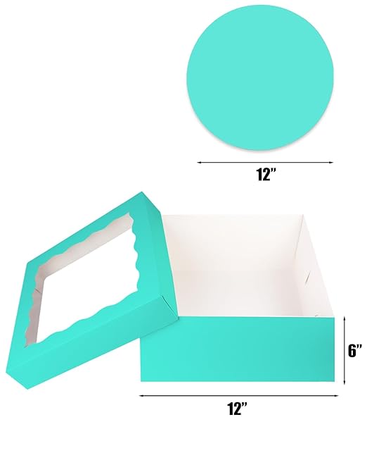 qiqee 12x12x6 Cake Box, 18 Sets Mint Blue Cake Box with Window & 18 Sets 12" Mint Blue Cake Round Boards, 12inch Cake Containers