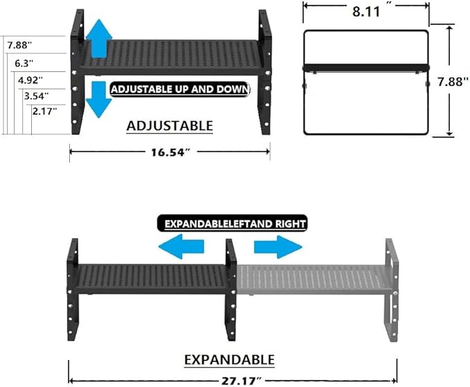 Expandable Spice Rack, Stackable Metal Pantry Storage Shelves Stand, Adjustable Height Cabinet Shelf Organizer Racks(2PACKS/BLACK,MEDIUM)