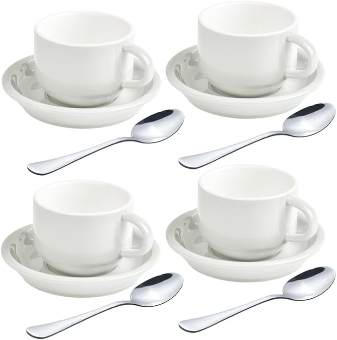 homEdge Premium Espresso Shot Cups and Saucers Set with Espresso Stainless Steel Spoons - 2.5 oz, Set of 4, White