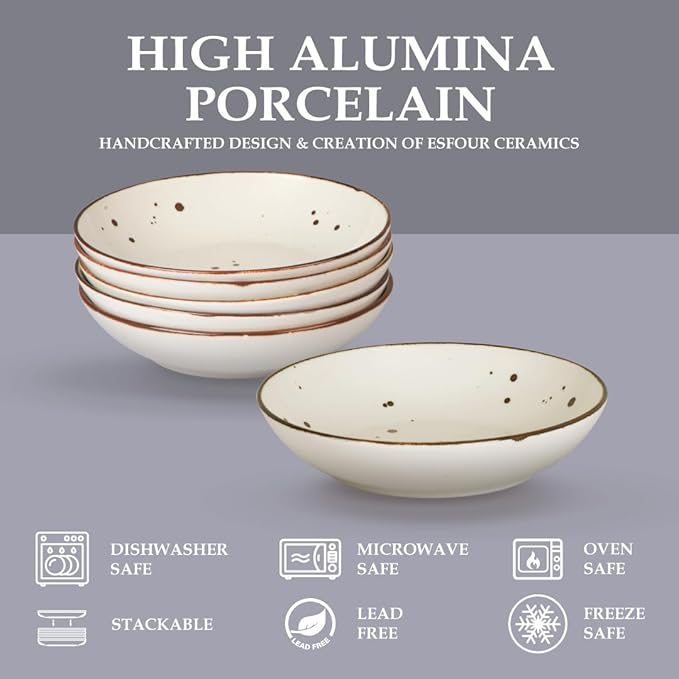Esfour 8 Inch Porcelain Pasta Bowl, 16 Ounces Salad Bowls, Microwave & Dishwasher Safe, Sturdy & Stackable, Set of 6 Ceramic bowls Plates Set, Wide Shallow salad Bowls Set, Classic Assorted Colors