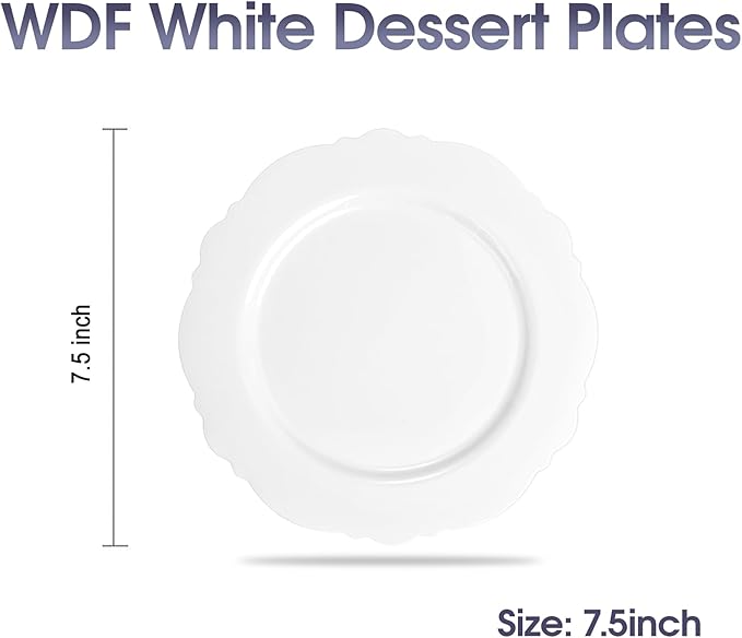 WDF 60pcs White Plastic Dessert Plates -7.5inch Baroque White Disposable Appetizer/Small Cake/Salad Plates- for Upscale Parties & Wedding