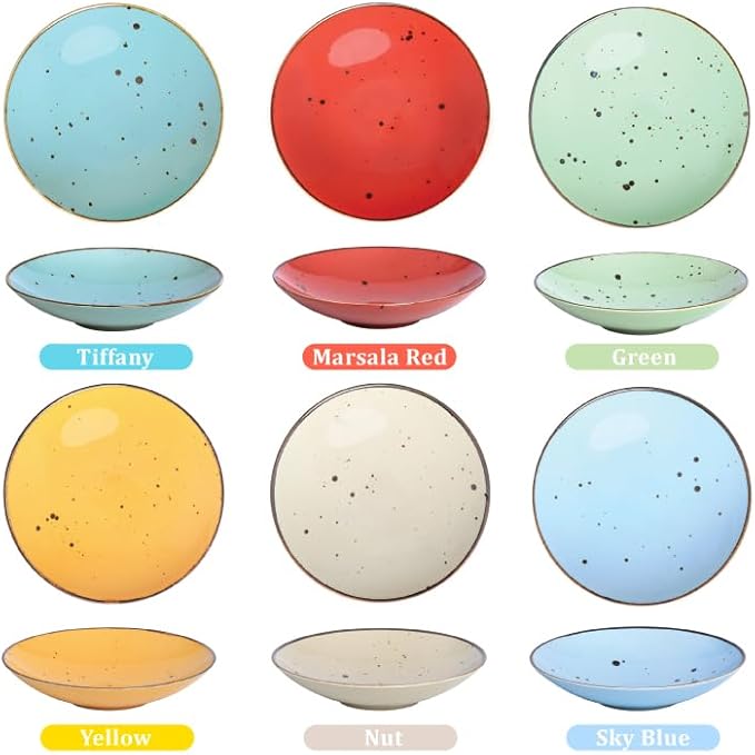 8.1 Inch Serving Bowls - Set of 6 | 16 Oz Large Pasta Salad Bowls, Microwave/Oven Safe, Wide Shallow Porcelain Bowls for Party, Dinner, Entertaining, Stackable - Vivid Assorted Colors