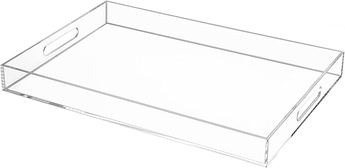 Clear Rectangular 14x20 Inches Acrylic Ottoman Tray Decorative Serving Tray with Cutout Handles Organizer Tray on Coffee Table Countertop Big Breakfast Bed Tray Living Room Appetizer Serving Food