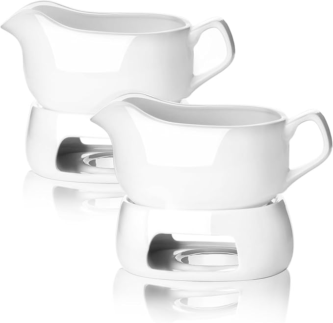 Nucookery Large 18 Oz Gravy Boat with Warmer, White Fine Porcelain Saucier With Big Dripless Lip Spout, Gravy Bowl For Thanksgiving, Warming Sauces, Salad Dressings, Microwave & Freezer Safe(Set of 2)