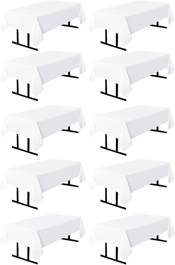 10 Pack White Square Tablecloths, 60 x 120 Inch Stain Resistant and Wrinkle Polyester Fabric Washable Table Clothes Cover for 6 Foot Table, Wedding, Reception Banquet, Birthday Party