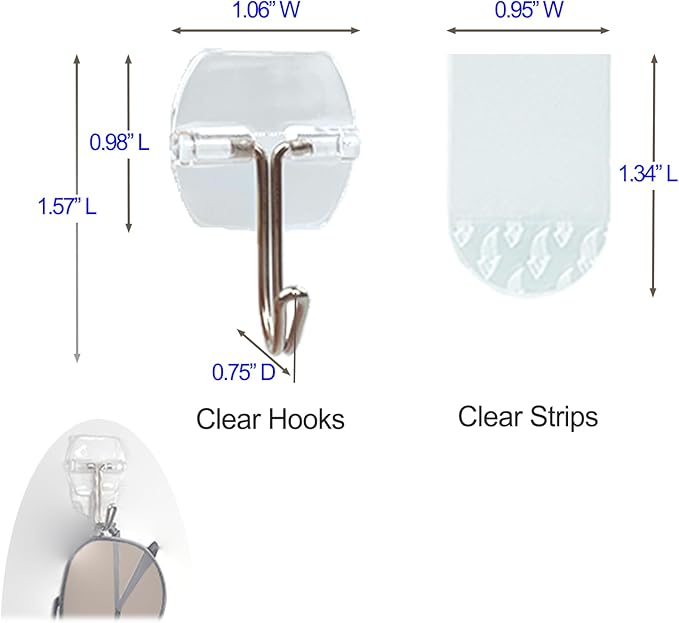 15 Clear Small Wall Hooks with 20 Strips for Hanging, Wire Toggle Hooks for Walls No Damage, Utility Hooks Heavy Duty with Adhesive Strips for Hanging Decorations in Living Spaces, No Tools.