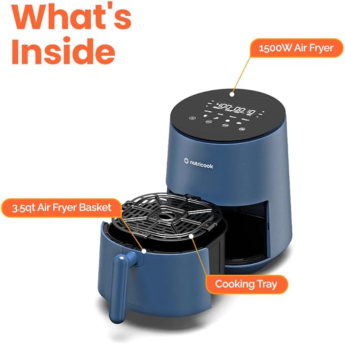 3.5qt Air Fryer Mini, Tempered Glass Control Panel, 8 Preset Functions, Quick and Easy Meals, Compact, Quiet, Non-Stick, Dishwasher Safe, Blue