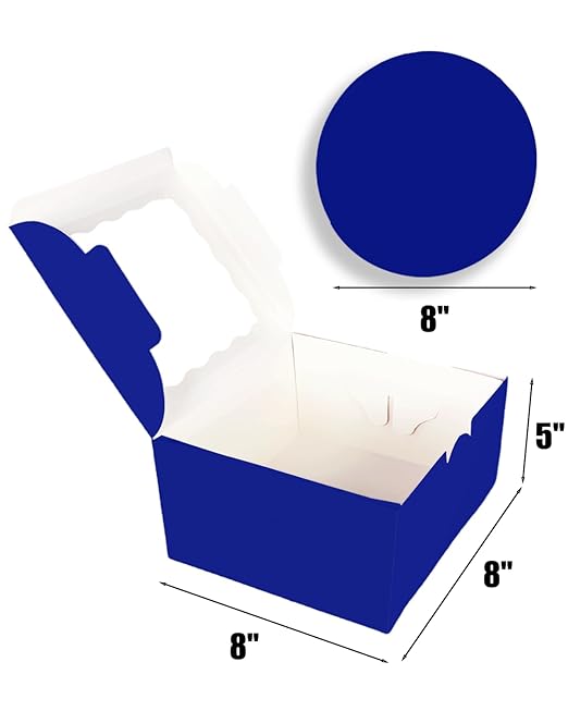 qiqee 8x8x5 Cake Box, 18 Sets Gemstone Blue Cake Box with Window & 18 Sets 8" Gemstone Blue Cake Round Boards, 8inch Cake Containers
