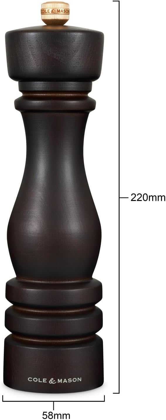 Cole & Mason London Refillable Spice Mill - Kitchen & Home Accessory - Table Salt Grinder - Salt Mill with Ceramic Mechanism - 8", Chocolate Wood