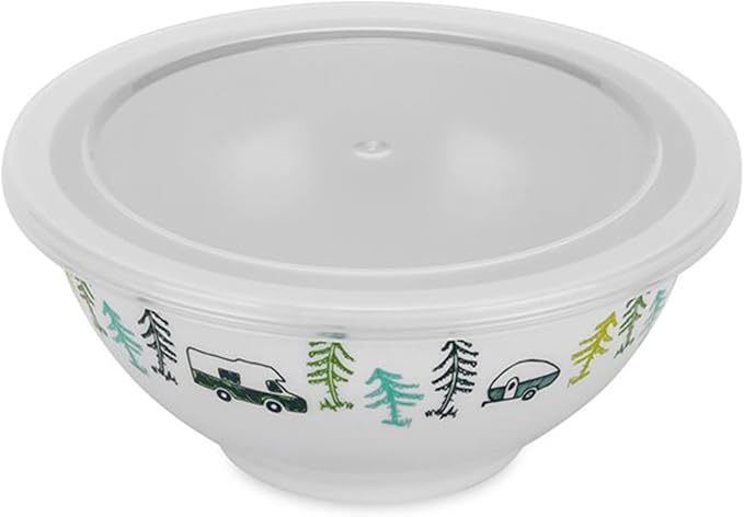 Camco Nesting Bowl Set with Lids - Features Life is Better at The Campsite Design - Camping Dishware Set Includes 4 Durable Melamine Bowls with 4 Plastic Lids - Camping Kitchen Essentials(53451)